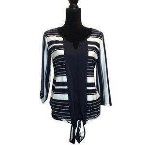 Notations Petite Women's Striped Tie Front Top in Blue/White - Size PM - New